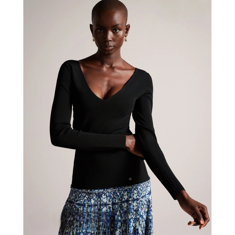 Ted Baker London Cileste Black Ribbed V-Neck Long Sleeve Top Size S 6 TB 2